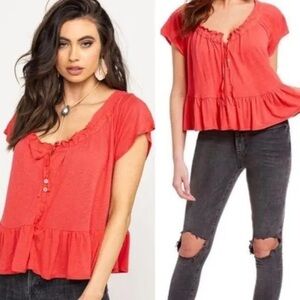 Free People Women's Coral Red Charlie Ruffled Relaxed Top Size XS |A199